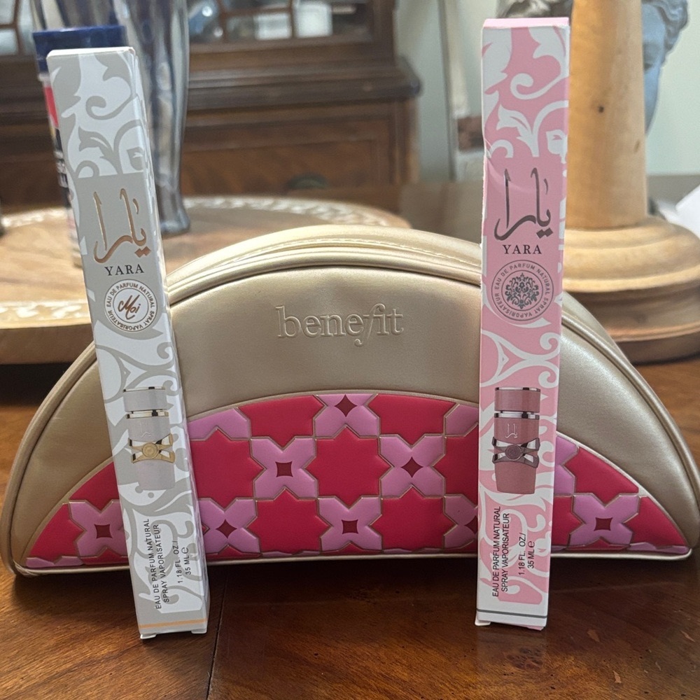 Benefit Pink and Gold Makeup bag with Yara Parfum